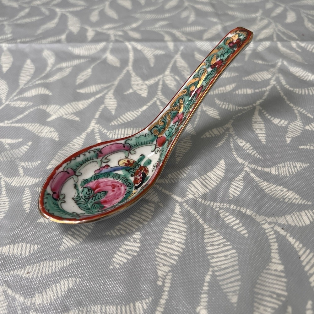 Vintage Japanese Porcelain Soup Spoon Hand Decorated in Hong Kong Pink Teal